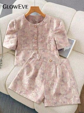 GlowEve Pink Gold Jacquard 2 Piece Short Set